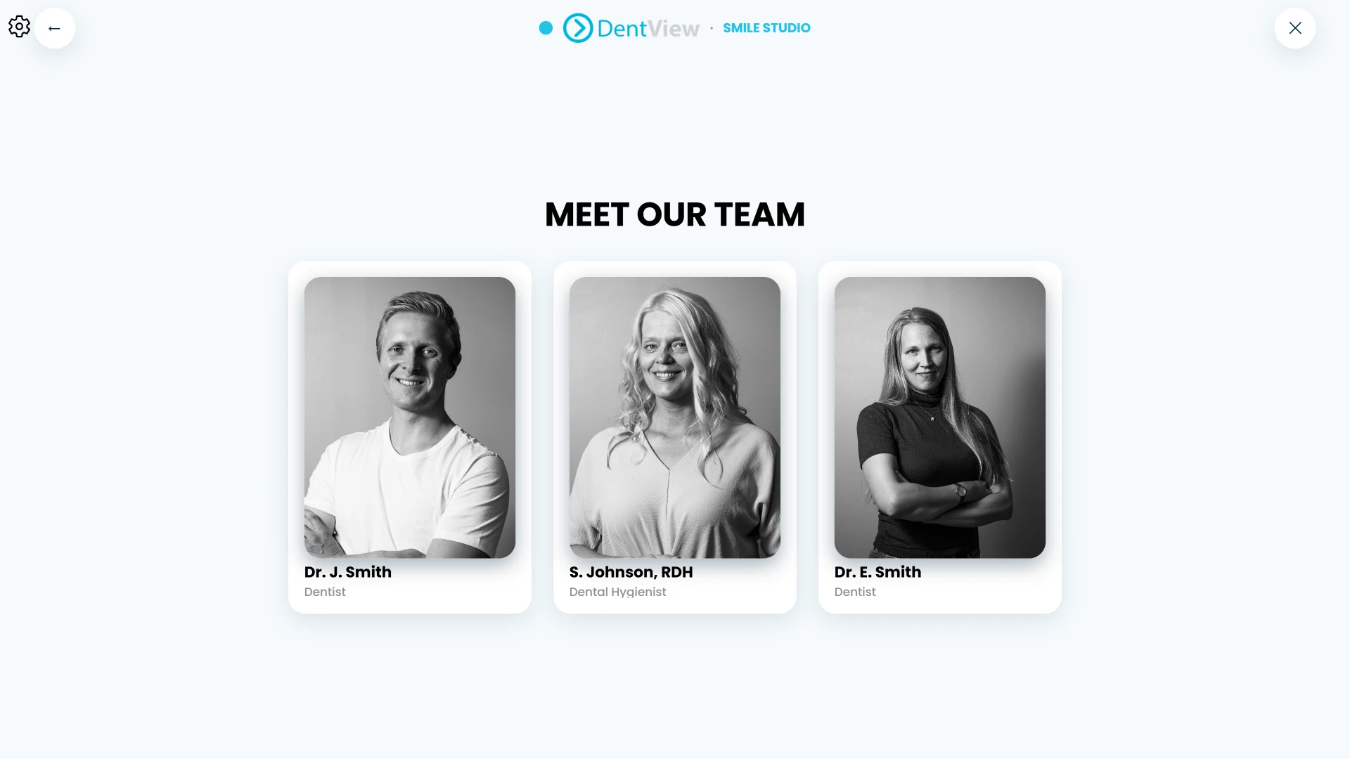 Meet our team screen with dentist and hygienist profiles