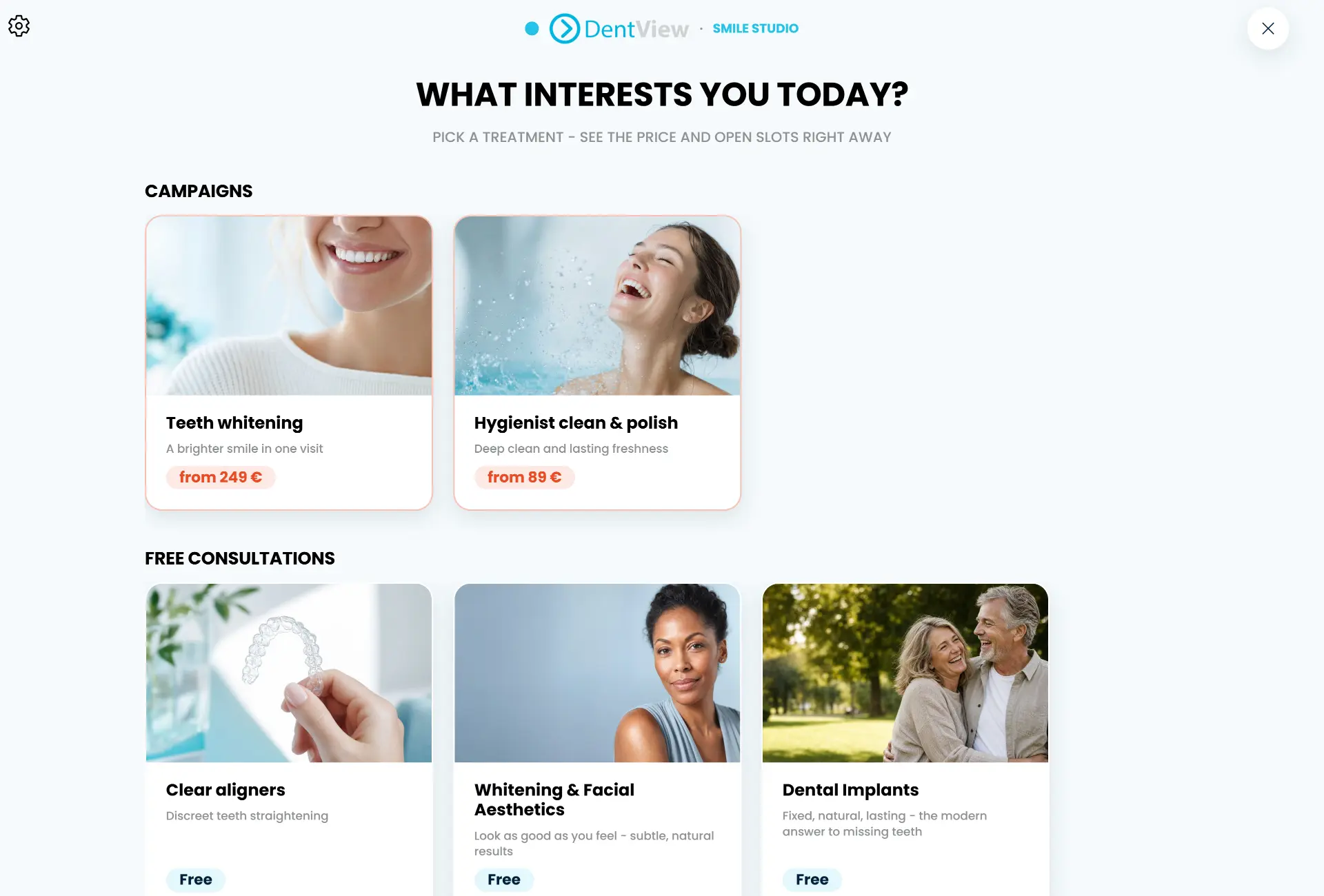 Treatment menu screen listing campaigns and free consultations