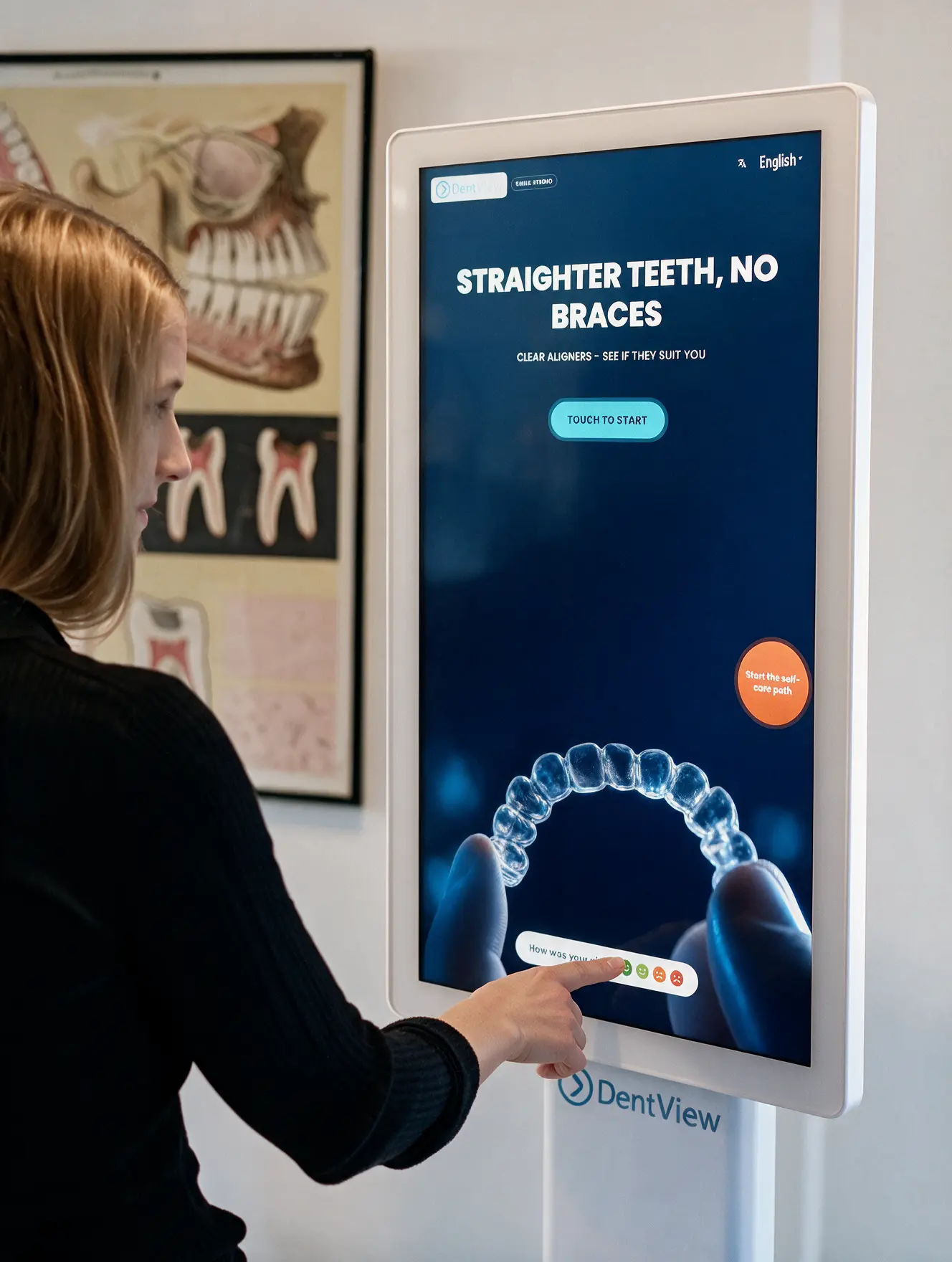 Patient using the Smile Studio waiting room screen at a dental clinic