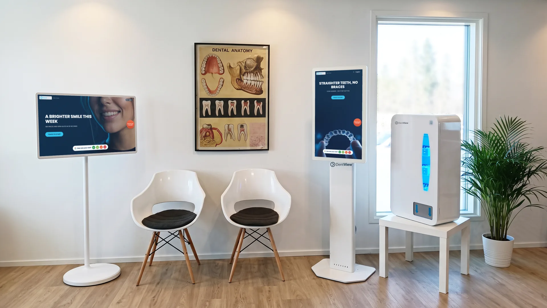 Portrait and landscape DentView screens in a dental practice waiting room