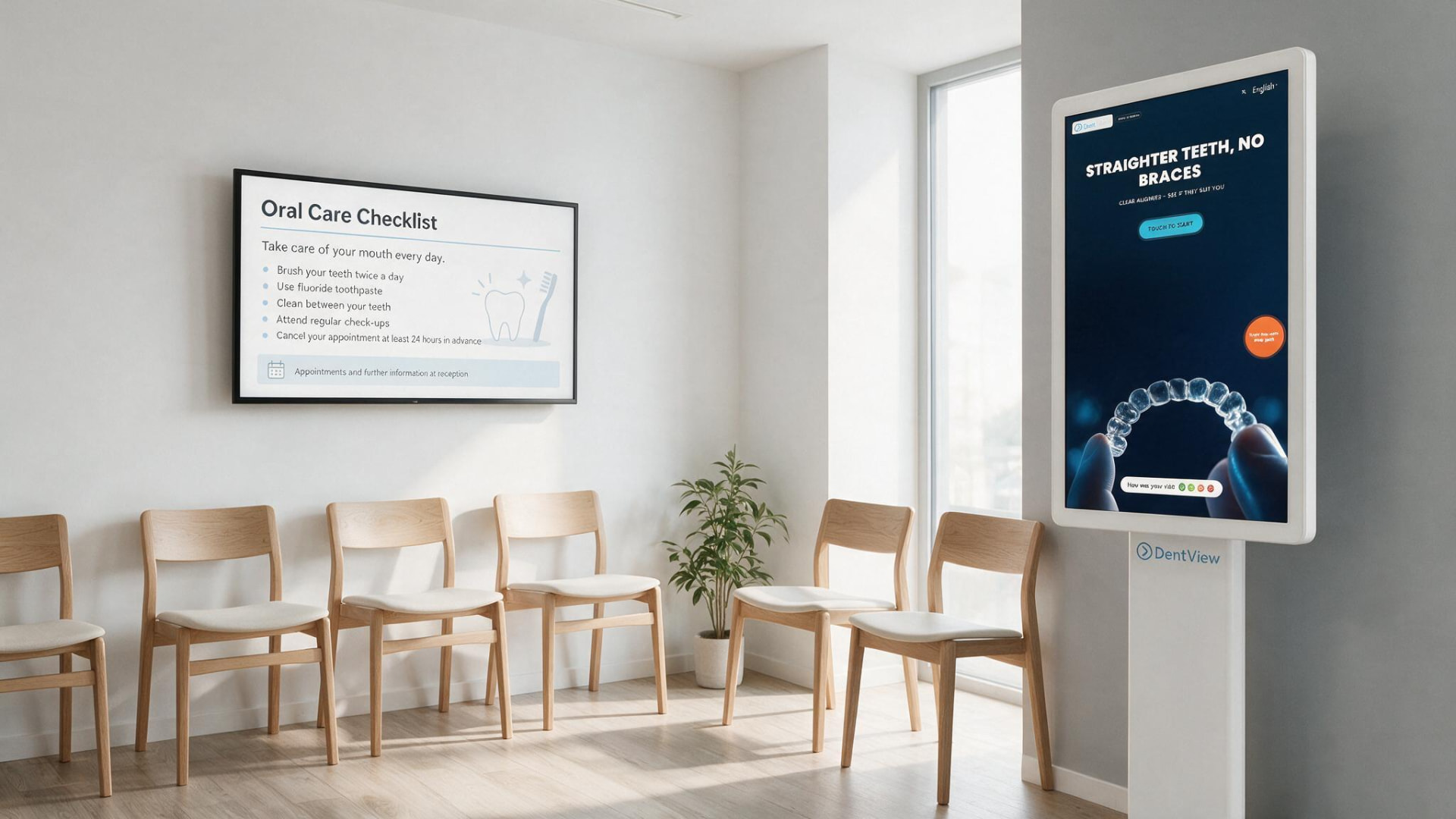 Dental practice waiting room with an ordinary info screen on the wall and a DentView Smile Studio kiosk facing the chairs