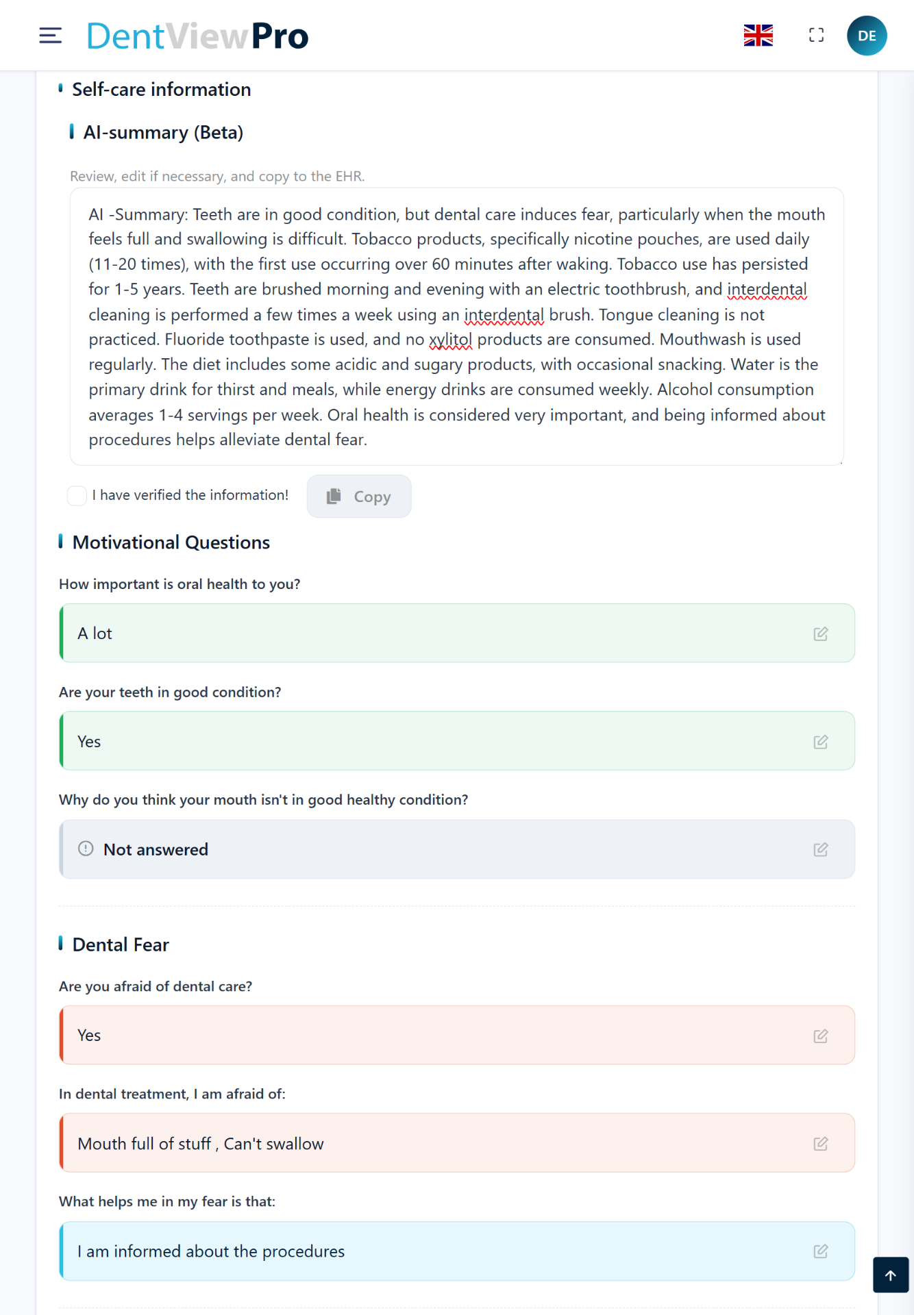 DentViewPro - patient answers color-coded by risk