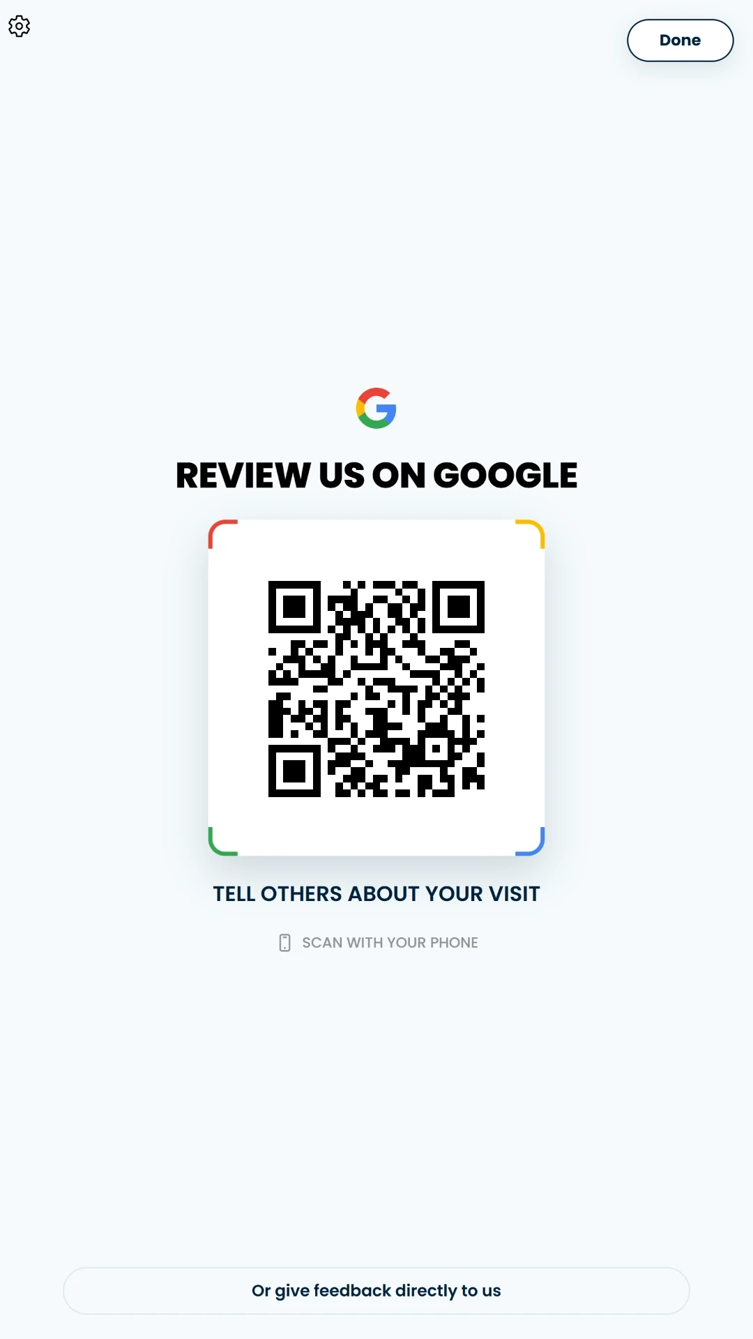 Smile Studio feedback screen showing a Google review QR code