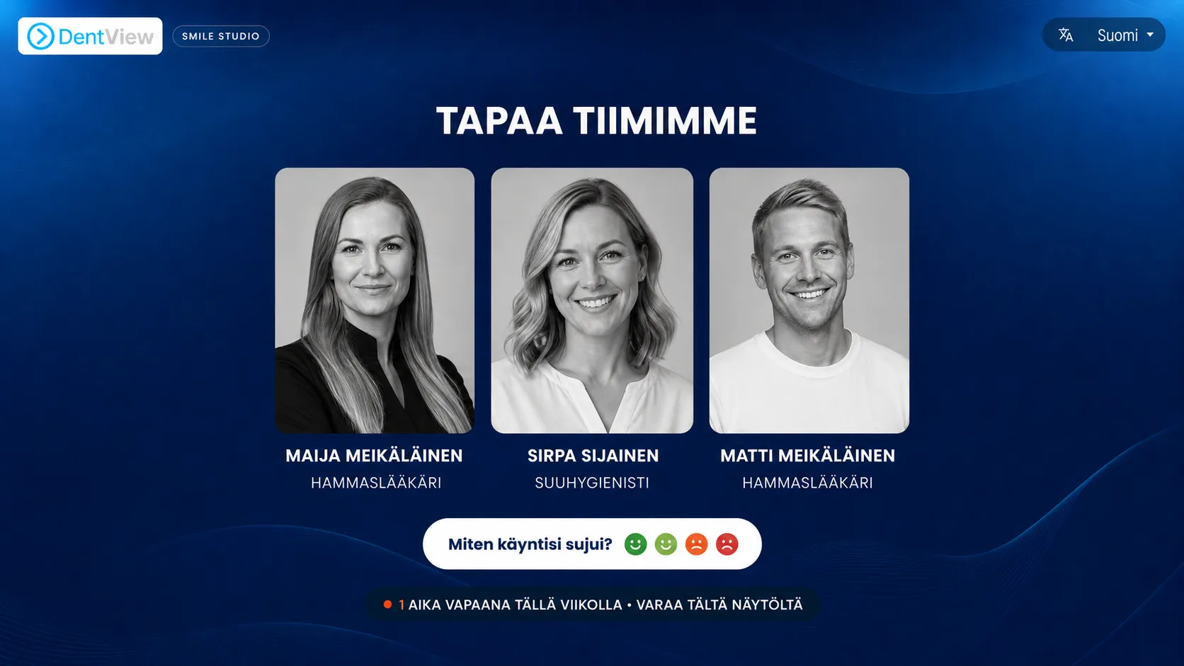 Smile Studio esittelee hammaslääkärit ja suuhygienistin odotustilan näytöllä