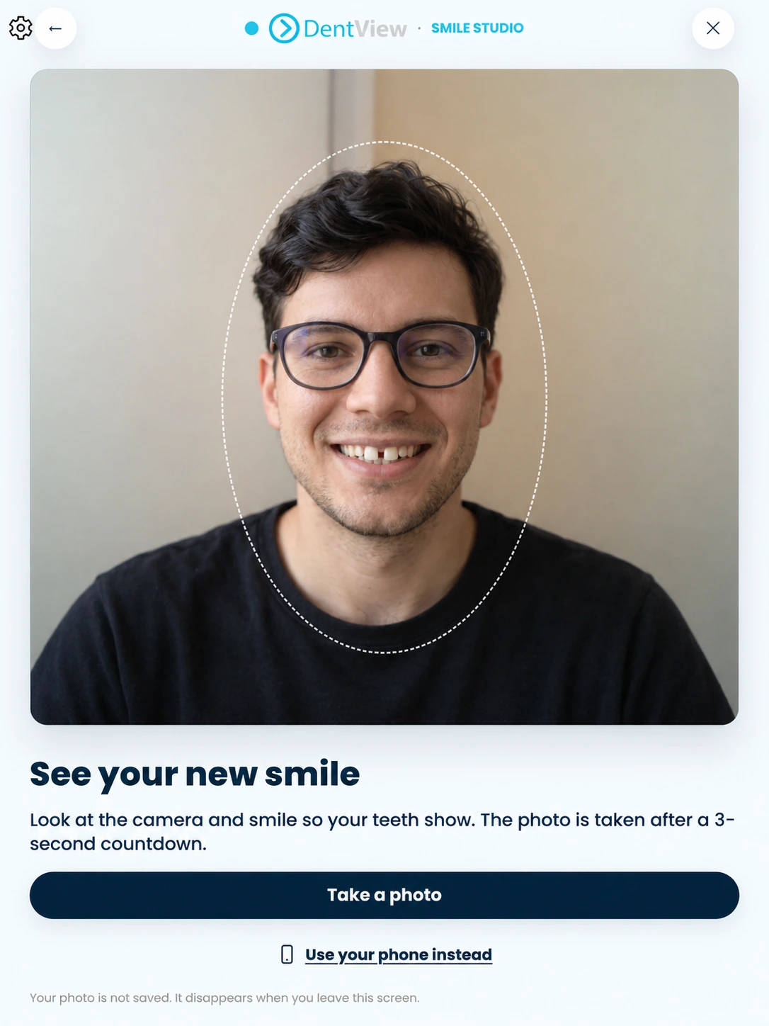 Smile Preview camera view on a white DentView tablet