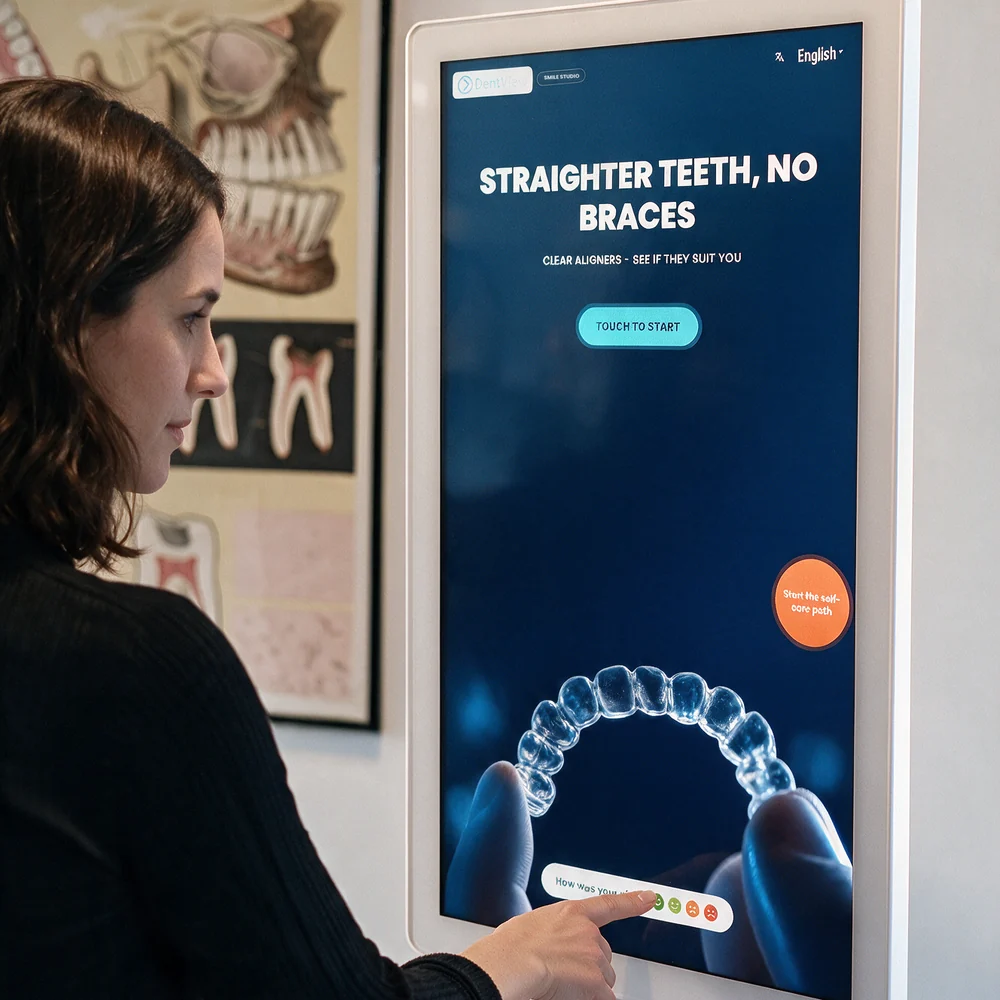 Patient tapping a DentView Smile Studio screen in a dental practice