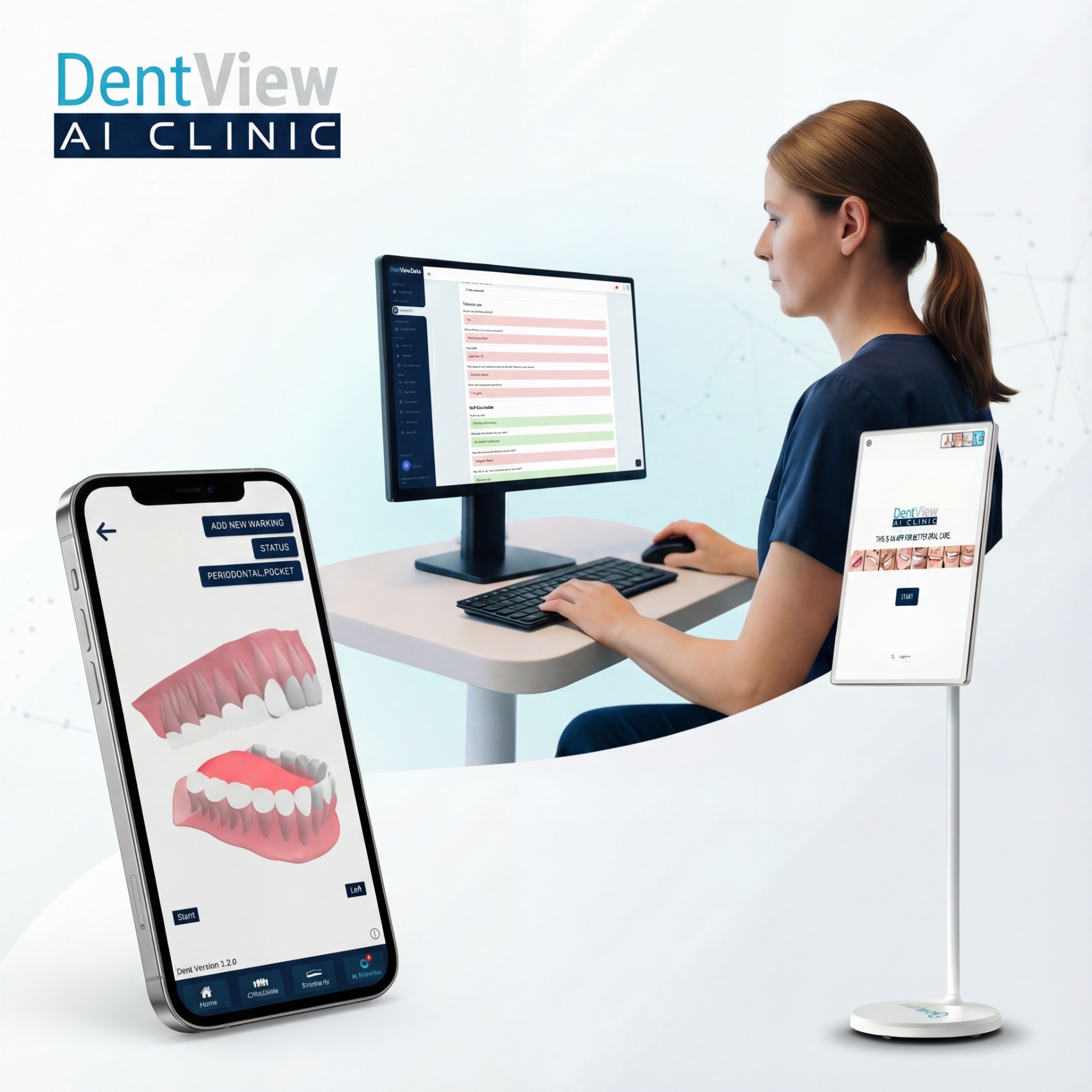 DentView AI Clinic showing tablet kiosk, mobile app, and dashboard